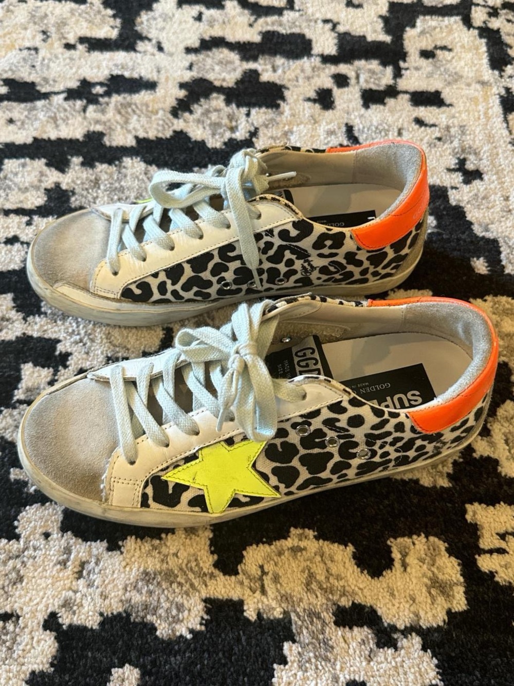 Golden Goose Leopard Print Sneakers with Neon Star and Orange Heel